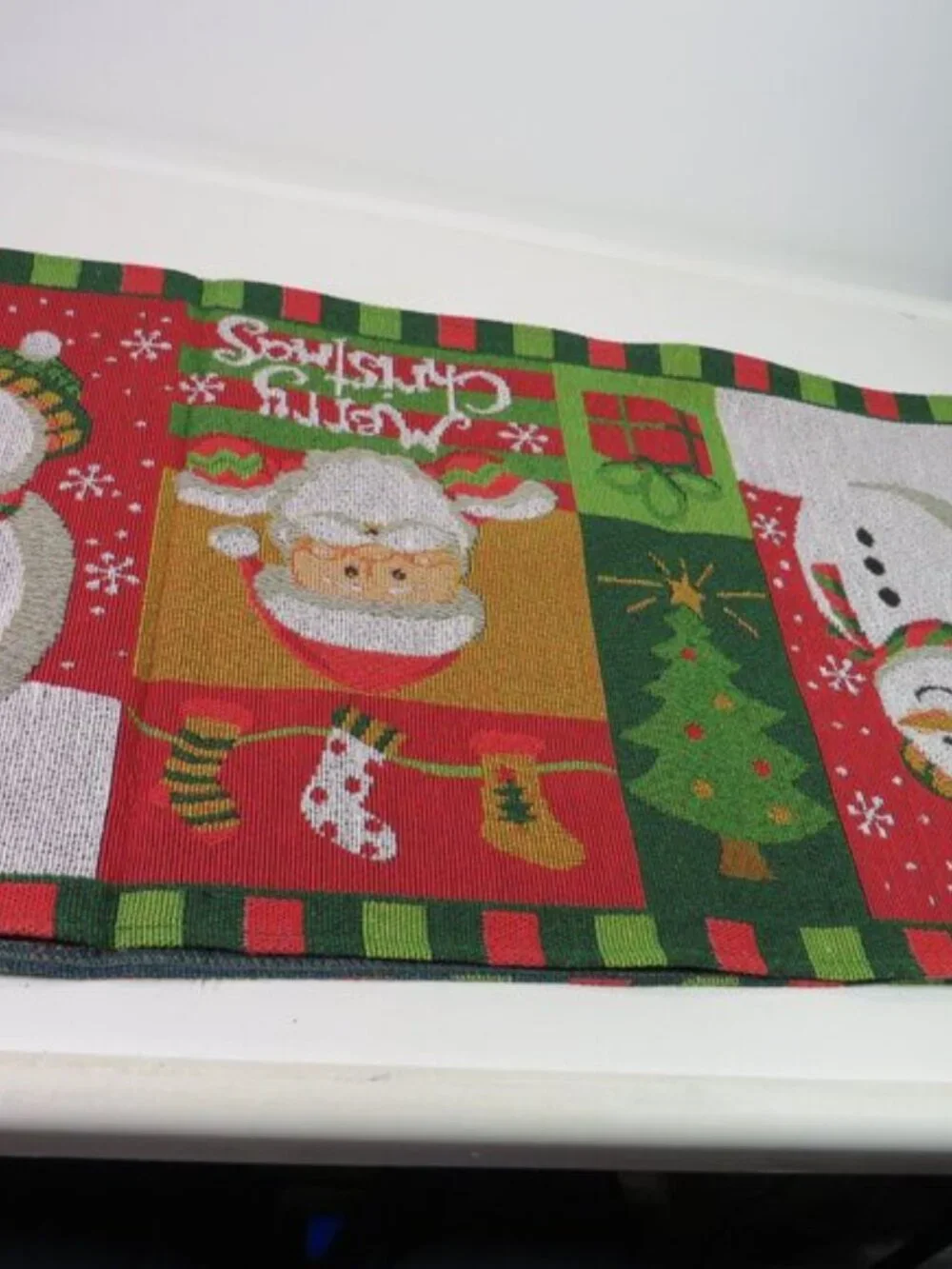 Santa & Snowman Merry Christmas Tapestry Table Runner Double Sided View 66x13